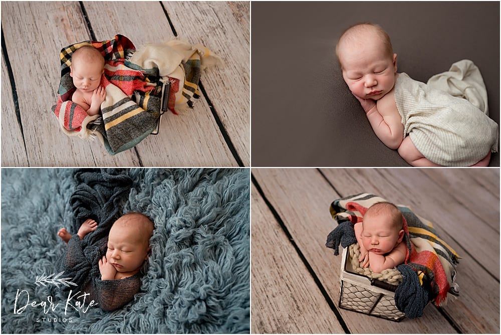 Posed newborn pictures baby boy on wood floor